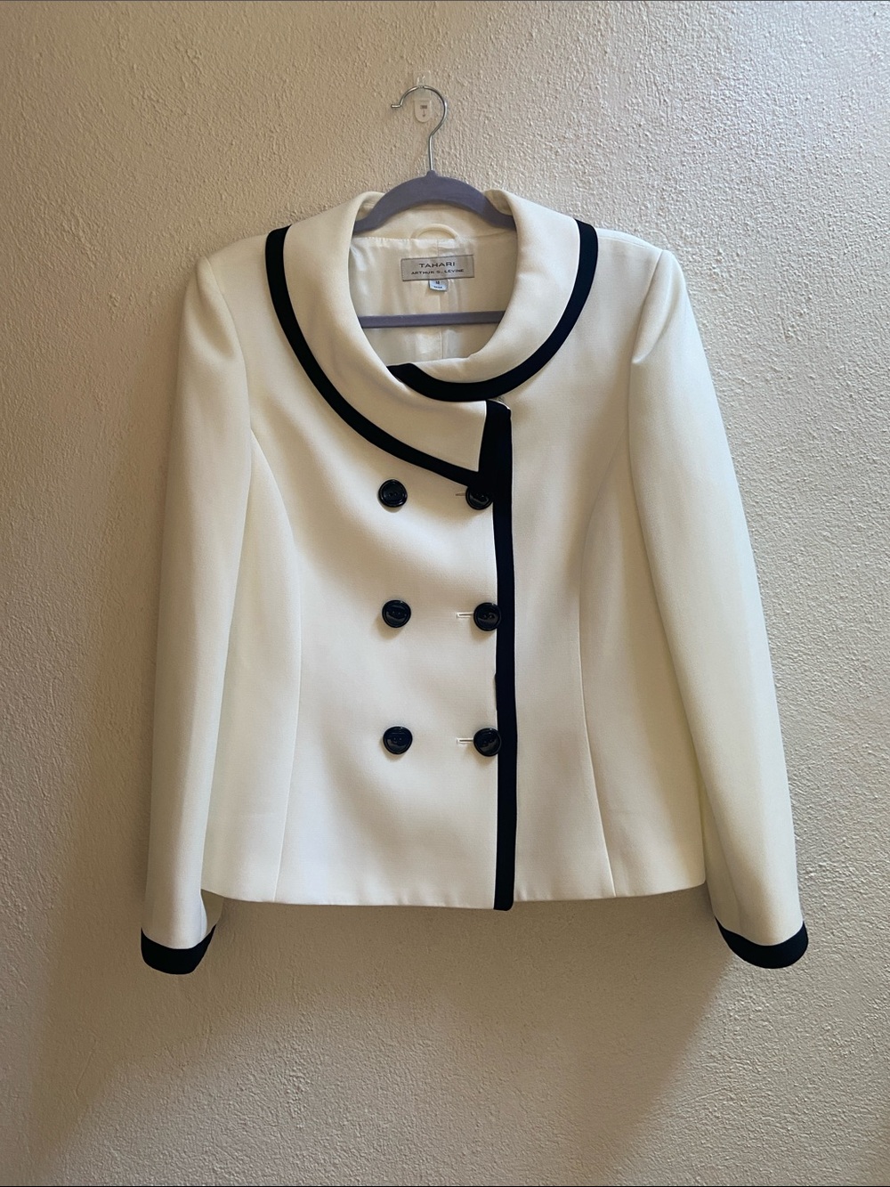 Tahari ASL Cream Double-Breasted Jacket with Black Trim